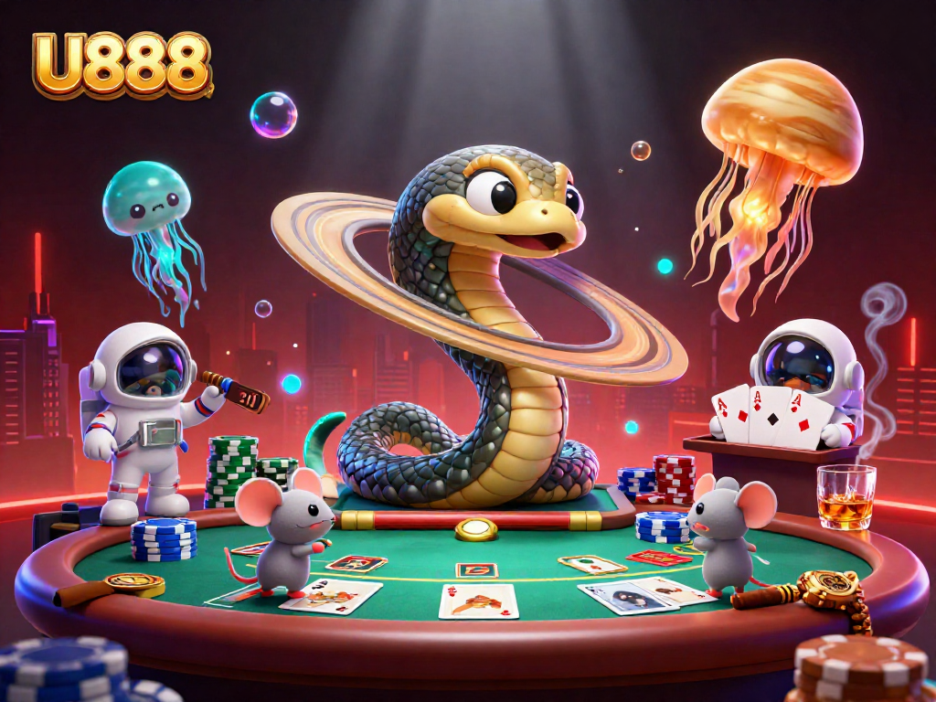Engaging astronauts betting on U888's roulette, deep space gaming illustration.