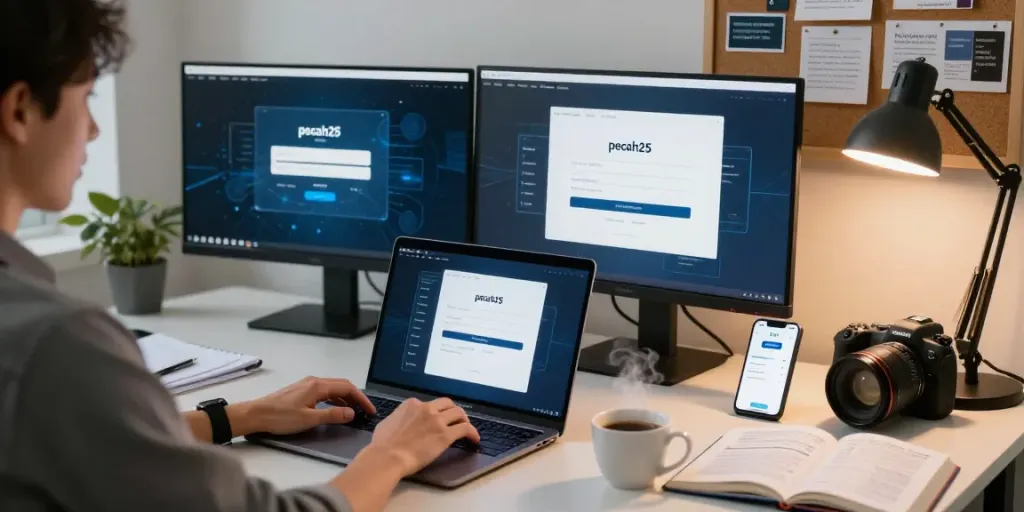 Pengguna memasukkan pecah25 login di ruang kerja modern dengan laptop dan pengingat keamanan siber.