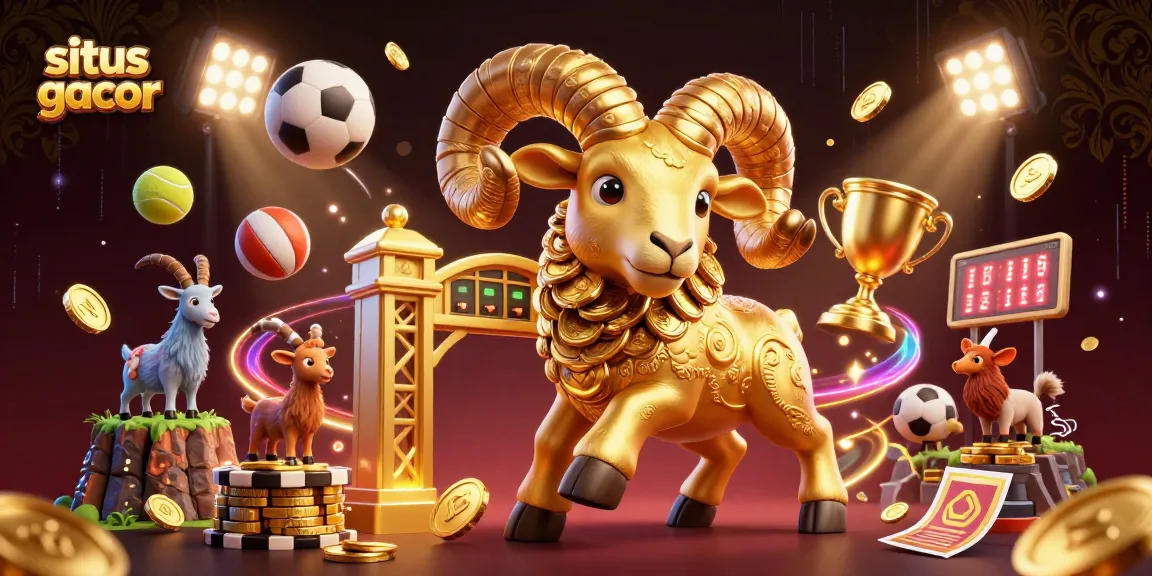 Situs gacor showcases a dynamic scene with a golden ram charging, amidst thrilling sports elements.