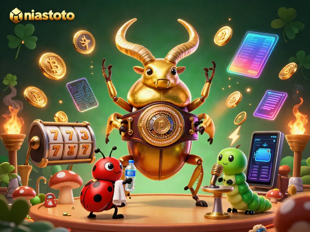 Experience niastoto's vibrant online activities featuring a giant golden stag beetle, slot games, and cryptocurrency.