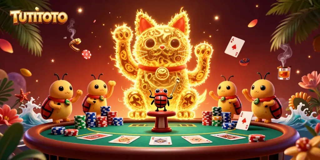 TUTITOTO showcases a vibrant 3D scene of a lucky cat and casino symbols celebrating, perfect for gamblers.