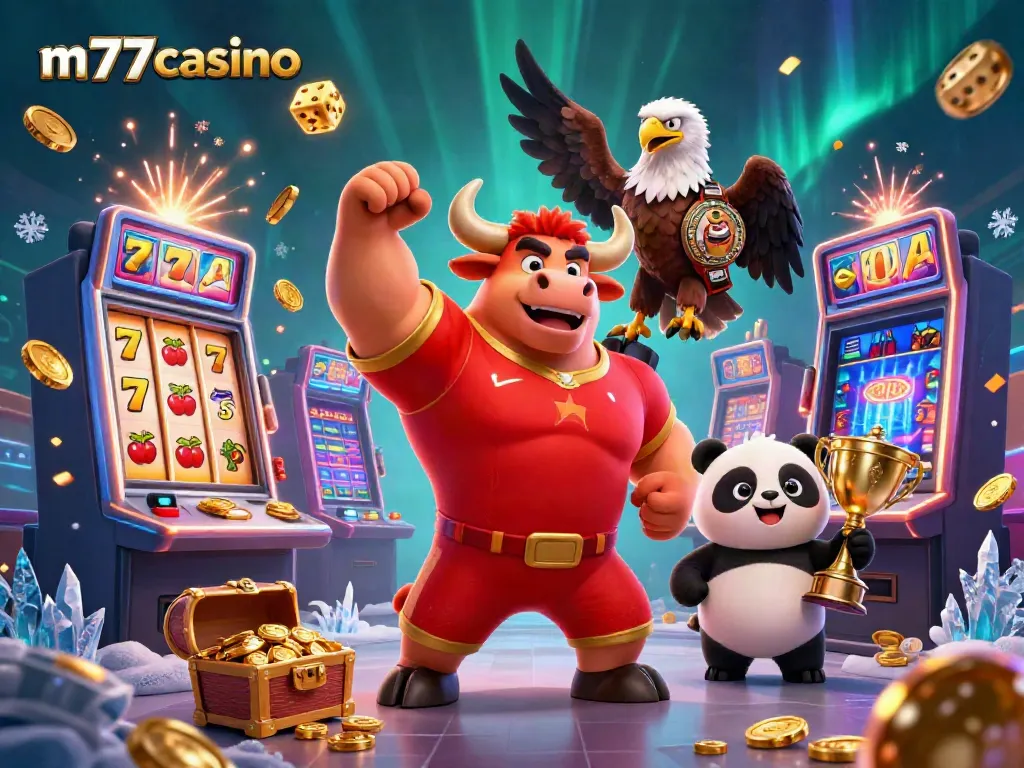 M77casino menampilkan karakter kartun yang bersemangat di kasino, merayakan kemenangan jackpot.