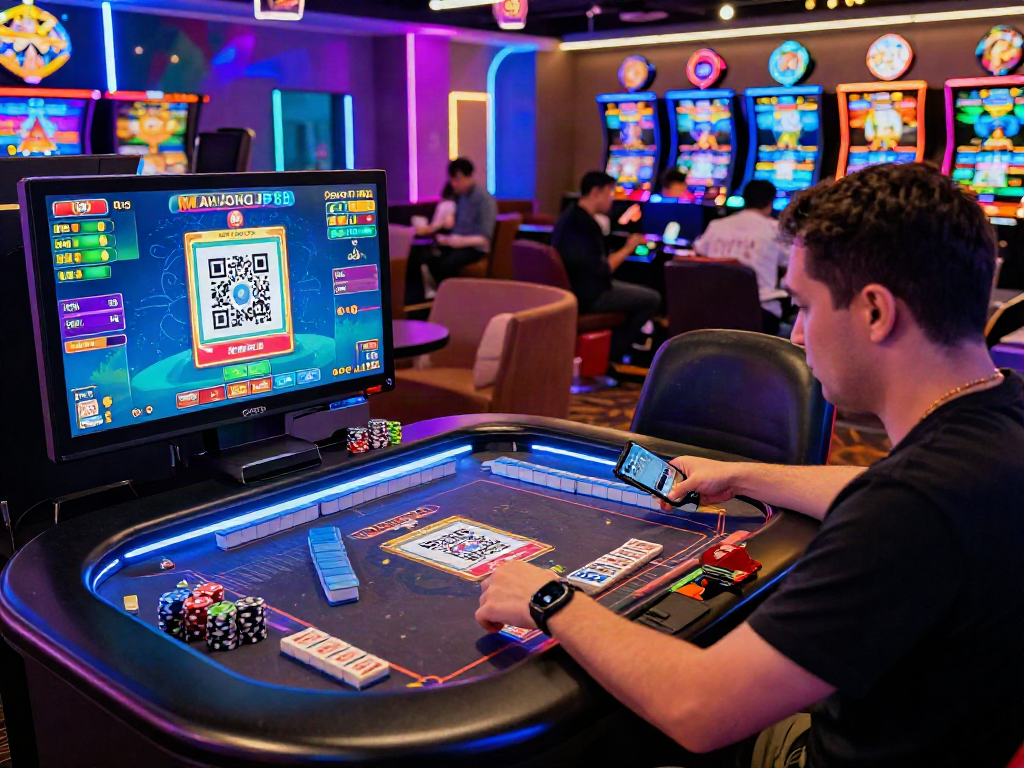 Engaging Mahjong game setup showcasing MAHJONGJP88 dengan deposit QRIS with an illuminated gaming table and enthusiastic players.