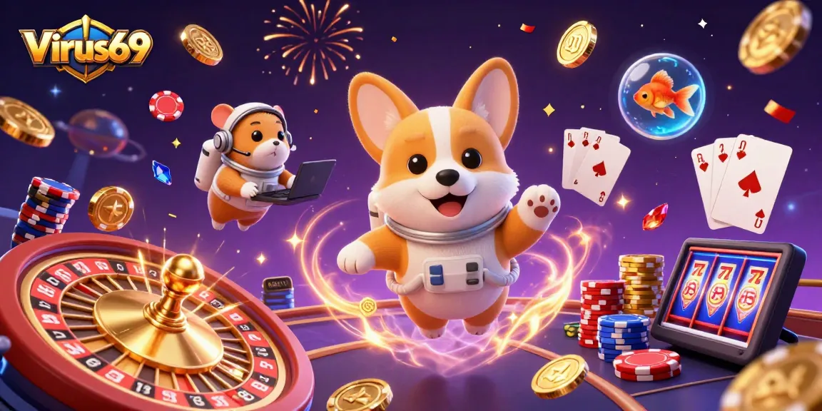 Watch as the Virus69 corgi astronaut navigates a space casino, surrounded by poker chips and golden coins.