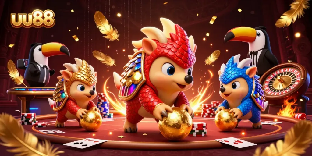uu88 pangolins compete in a casino, bowling through poker chips amidst vibrant gaming elements.