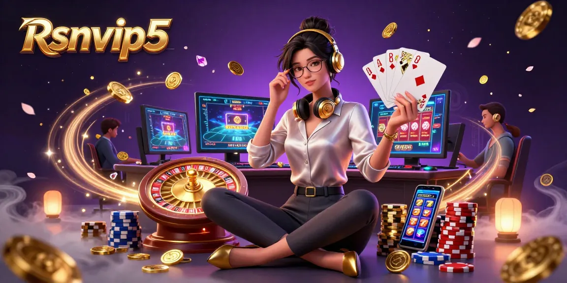 Rasakan sensasi di Rsnvip5 dengan seorang gamer elegan di tengah elemen kasino yang hidup dalam 3D.