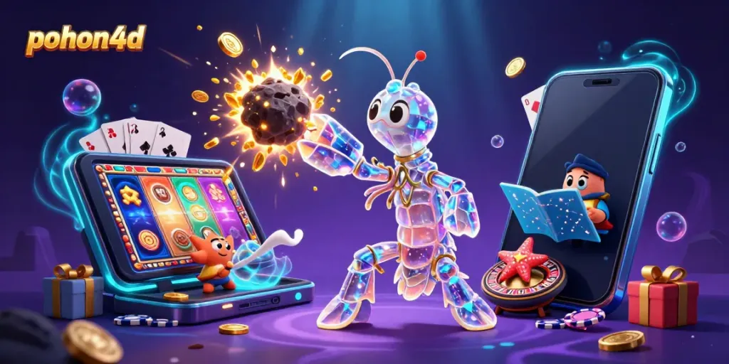 Pohon4d reveals excitement as a galactic mantis shrimp punches through gems and coins in a vibrant casino scene.
