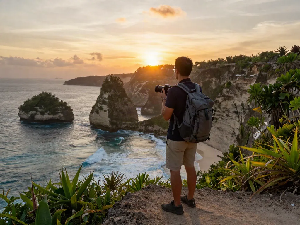 Seorang penggemar perjalanan di tepi tebing pantai Pakhoki saat matahari terbenam, memegang kamera dengan latar belakang laut dan pulau jauh.