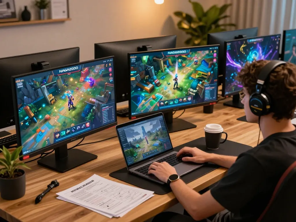 NAGA2000 platform player engaging in online gaming with multiple screens in stylish setup