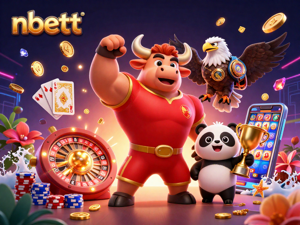 Experience thrilling wins with nbett's dynamic gaming scene featuring a bull, eagle, and panda amidst casino action.