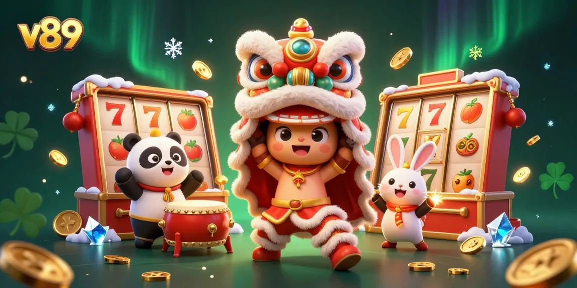 v89 memenangkan jackpot di mesin slot, dikelilingi koin emas dan simbol keberuntungan