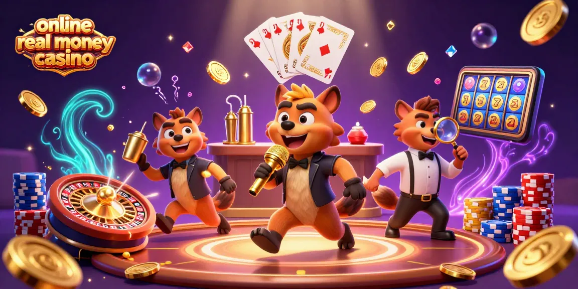 Experience the thrill of an online real money casino with hyenas celebrating, spinning roulette, and cash flying!