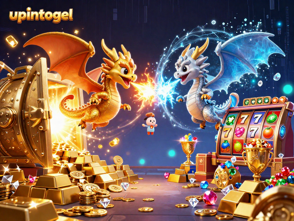 Engage in upintogel excitement as dragons battle in a vibrant casino treasure scene.