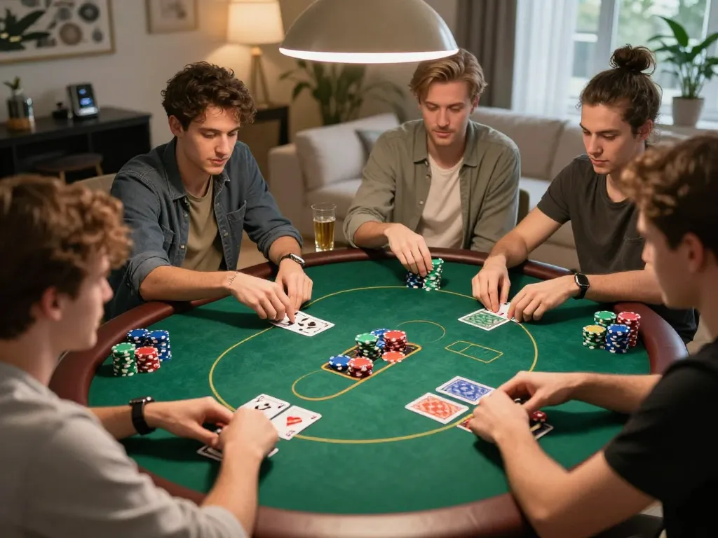 LGO99 Situs Game Online Terpercaya Di INDONESIA friends engaging in a lively poker game at home.