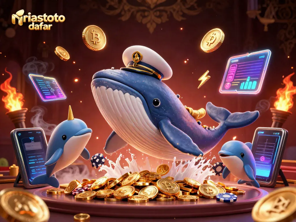 Gambarkan niastoto daftar dengan paus kartun besar dan koin berkilau