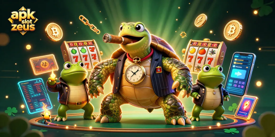 Permainan apk slot zeus menampilkan karakter unik dengan simbol slot, dikelilingi oleh koin crypto, dan suasana kasino yang menarik.