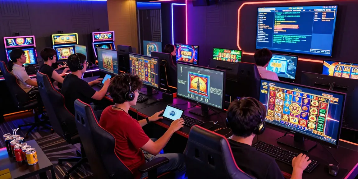 Login Modal138 dalam suasana bermain slot online yang meriah, menampilkan pemain beragam dengan layar penuh grafik slot berwarna-warni.