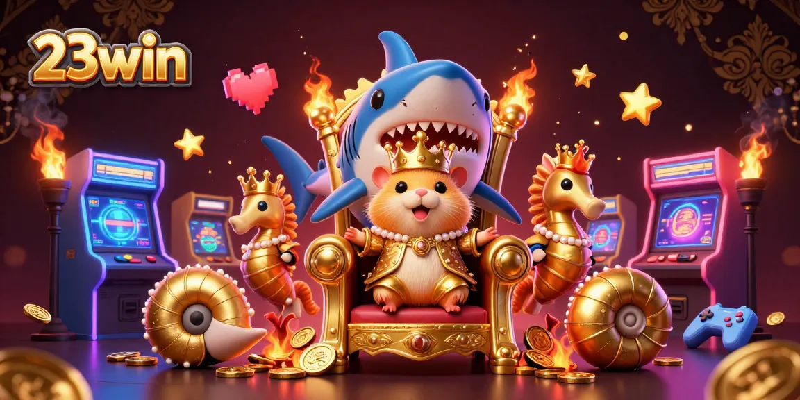 Experience vibrant gameplay at 23win, featuring a majestic golden hamster king amidst arcarde action.